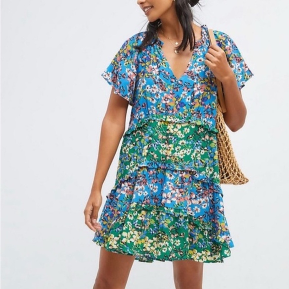 Anthropologie Robin Tiered‎ Mini Dress Blue Green Floral